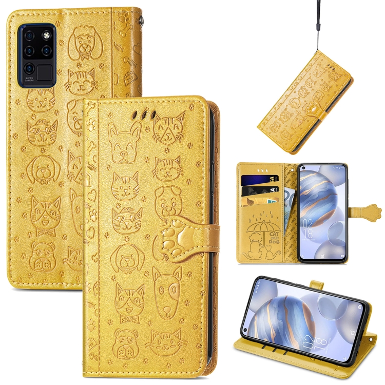 

For Oukitel C21 Lovely Cat and Dog Embossing Pattern Horizontal Flip Leather Case , with Holder & Card Slots & Wallet & Cartoon Clasp & Lanyard(Yellow)