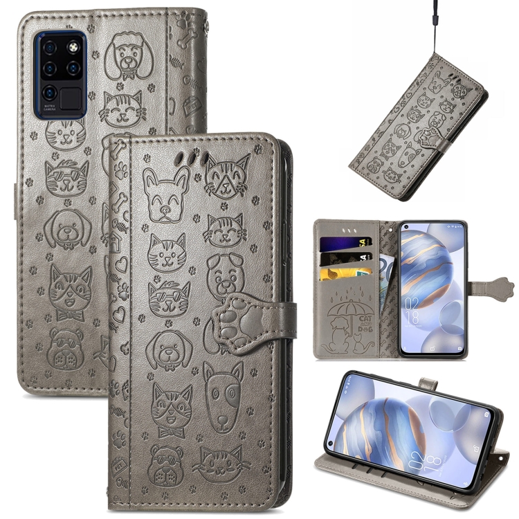 

For Oukitel C21 Lovely Cat and Dog Embossing Pattern Horizontal Flip Leather Case , with Holder & Card Slots & Wallet & Cartoon Clasp & Lanyard(Grey)