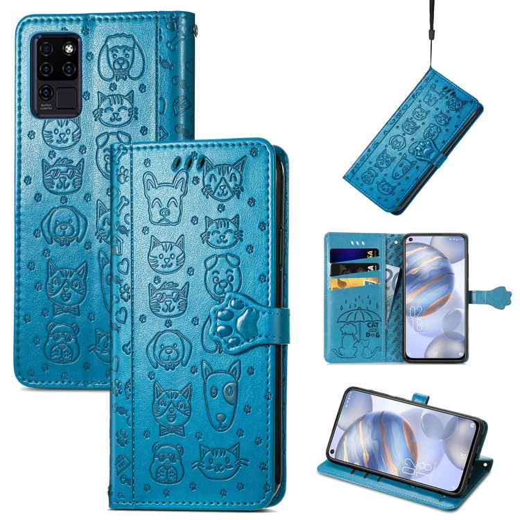 

For Oukitel C21 Lovely Cat and Dog Embossing Pattern Horizontal Flip Leather Case , with Holder & Card Slots & Wallet & Cartoon Clasp & Lanyard(Blue)
