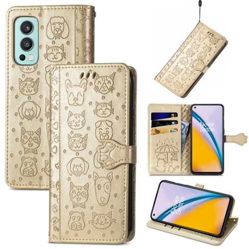 

For OnePlus Nord 2 5G Lovely Cat and Dog Embossing Pattern Horizontal Flip Leather Case , with Holder & Card Slots & Wallet & Cartoon Clasp & Lanyard(Gold)