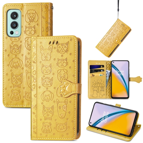 

For OnePlus Nord 2 5G Lovely Cat and Dog Embossing Pattern Horizontal Flip Leather Case , with Holder & Card Slots & Wallet & Cartoon Clasp & Lanyard(Yellow)