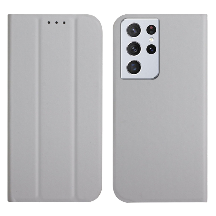 

For Samsung Galaxy S21 Ultra 5G 3-Folding Ultrathin Skin Feel Magnetic Solid Color Horizontal Flip Leather Case with Holder(Grey)