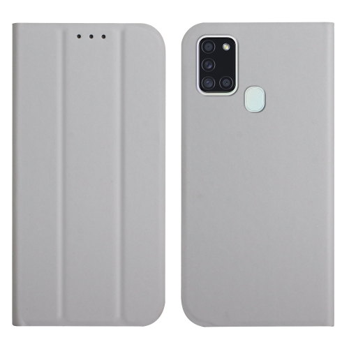 

For Samsung Galaxy A21s 3-Folding Ultrathin Skin Feel Magnetic Solid Color Horizontal Flip Leather Case with Holder(Grey)