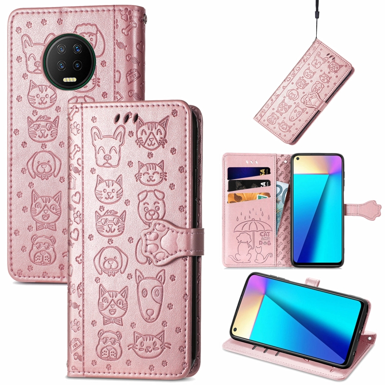 

For Infinix Note 7 Lovely Cat and Dog Embossing Pattern Horizontal Flip Leather Case , with Holder & Card Slots & Wallet & Cartoon Clasp & Lanyard(Rose Gold)