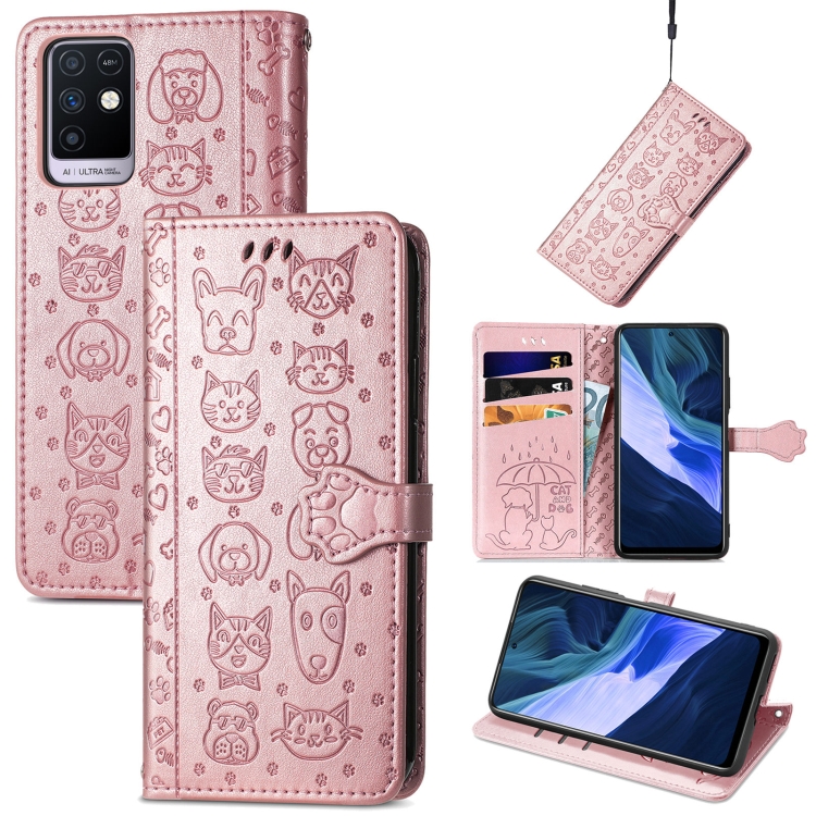 

For Infinix Note 10 Lovely Cat and Dog Embossing Pattern Horizontal Flip Leather Case , with Holder & Card Slots & Wallet & Cartoon Clasp & Lanyard(Rose Gold)