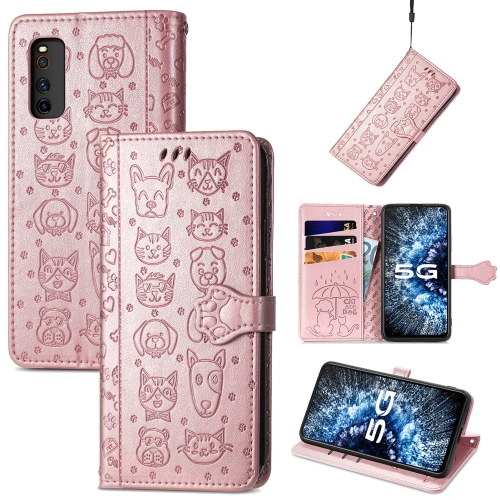 

For Vivo iQOO Neo3 Lovely Cat and Dog Embossing Pattern Horizontal Flip Leather Case , with Holder & Card Slots & Wallet & Cartoon Clasp & Lanyard(Rose Gold)