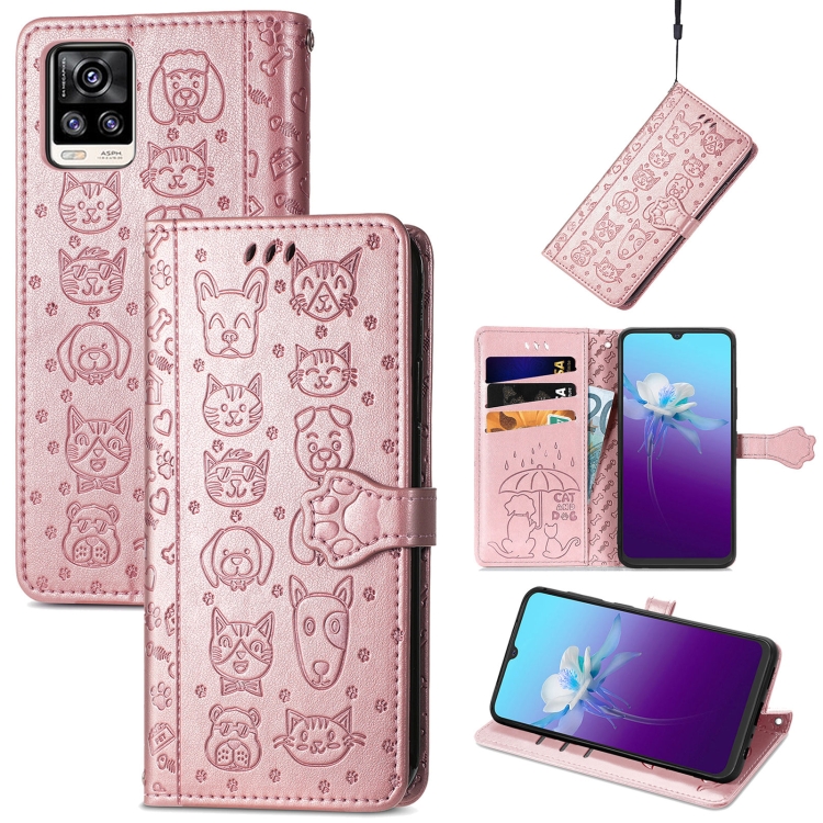 

For V20 2021 Lovely Cat and Dog Embossing Pattern Horizontal Flip Leather Case , with Holder & Card Slots & Wallet & Cartoon Clasp & Lanyard(Rose Gold)