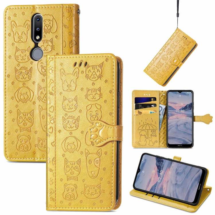 

For Nokia 2.4 Lovely Cat and Dog Embossing Pattern Horizontal Flip Leather Case , with Holder & Card Slots & Wallet & Cartoon Clasp & Lanyard(Yellow)