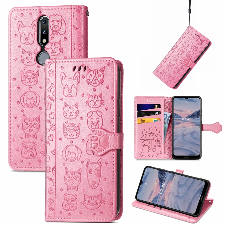 

For Nokia 2.4 Lovely Cat and Dog Embossing Pattern Horizontal Flip Leather Case , with Holder & Card Slots & Wallet & Cartoon Clasp & Lanyard(Pink)