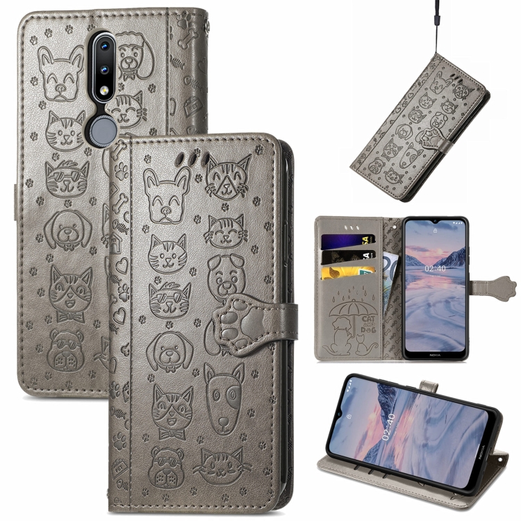 

For Nokia 2.4 Lovely Cat and Dog Embossing Pattern Horizontal Flip Leather Case , with Holder & Card Slots & Wallet & Cartoon Clasp & Lanyard(Grey)