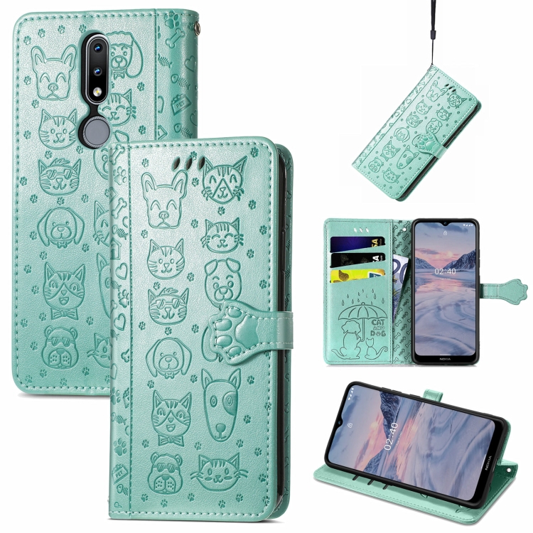 

For Nokia 2.4 Lovely Cat and Dog Embossing Pattern Horizontal Flip Leather Case , with Holder & Card Slots & Wallet & Cartoon Clasp & Lanyard(Green)