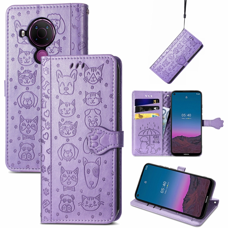 

For Nokia 5.4 Lovely Cat and Dog Embossing Pattern Horizontal Flip Leather Case , with Holder & Card Slots & Wallet & Cartoon Clasp & Lanyard(Purple)
