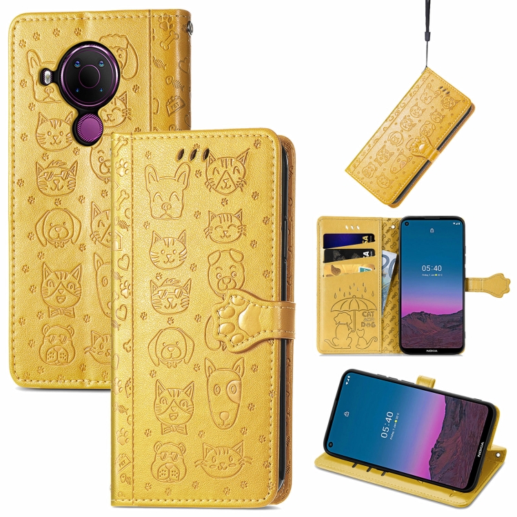 

For Nokia 5.4 Lovely Cat and Dog Embossing Pattern Horizontal Flip Leather Case , with Holder & Card Slots & Wallet & Cartoon Clasp & Lanyard(Yellow)