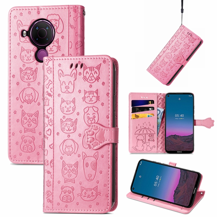 

For Nokia 5.4 Lovely Cat and Dog Embossing Pattern Horizontal Flip Leather Case , with Holder & Card Slots & Wallet & Cartoon Clasp & Lanyard(Pink)