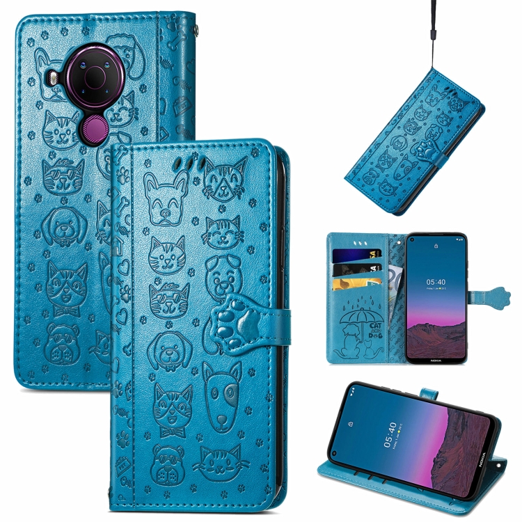 

For Nokia 5.4 Lovely Cat and Dog Embossing Pattern Horizontal Flip Leather Case , with Holder & Card Slots & Wallet & Cartoon Clasp & Lanyard(Blue)