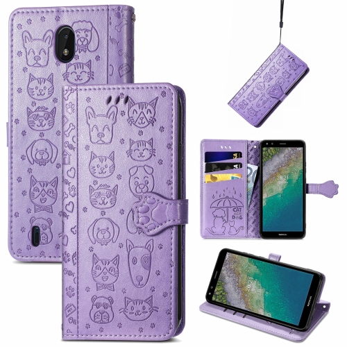 

For Nokia C01 Plus Lovely Cat and Dog Embossing Pattern Horizontal Flip Leather Case , with Holder & Card Slots & Wallet & Cartoon Clasp & Lanyard(Purple)