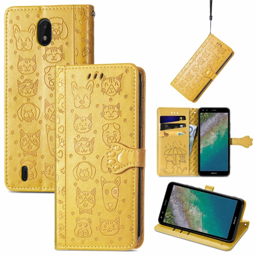 

For Nokia C01 Plus Lovely Cat and Dog Embossing Pattern Horizontal Flip Leather Case , with Holder & Card Slots & Wallet & Cartoon Clasp & Lanyard(Yellow)