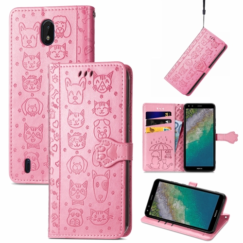 

For Nokia C01 Plus Lovely Cat and Dog Embossing Pattern Horizontal Flip Leather Case , with Holder & Card Slots & Wallet & Cartoon Clasp & Lanyard(Pink)