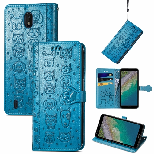 

For Nokia C01 Plus Lovely Cat and Dog Embossing Pattern Horizontal Flip Leather Case , with Holder & Card Slots & Wallet & Cartoon Clasp & Lanyard(Blue)