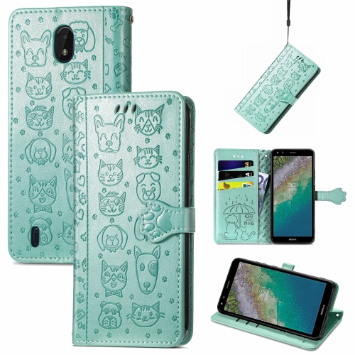 

For Nokia C01 Plus Lovely Cat and Dog Embossing Pattern Horizontal Flip Leather Case , with Holder & Card Slots & Wallet & Cartoon Clasp & Lanyard(Green)