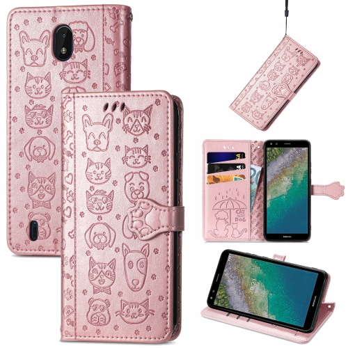 

For Nokia C01 Plus Lovely Cat and Dog Embossing Pattern Horizontal Flip Leather Case , with Holder & Card Slots & Wallet & Cartoon Clasp & Lanyard(Rose Gold)