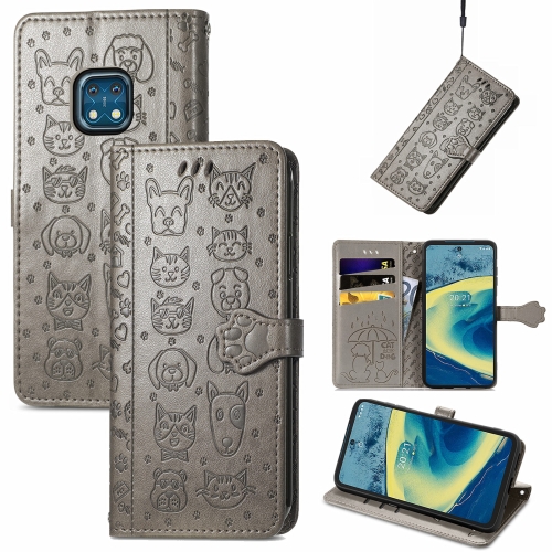 

For Nokia XR20 Lovely Cat and Dog Embossing Pattern Horizontal Flip Leather Case , with Holder & Card Slots & Wallet & Cartoon Clasp & Lanyard(Grey)