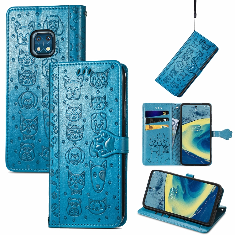 

For Nokia XR20 Lovely Cat and Dog Embossing Pattern Horizontal Flip Leather Case , with Holder & Card Slots & Wallet & Cartoon Clasp & Lanyard(Blue)