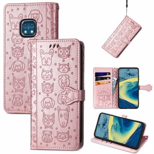 

For Nokia XR20 Lovely Cat and Dog Embossing Pattern Horizontal Flip Leather Case , with Holder & Card Slots & Wallet & Cartoon Clasp & Lanyard(Rose Gold)