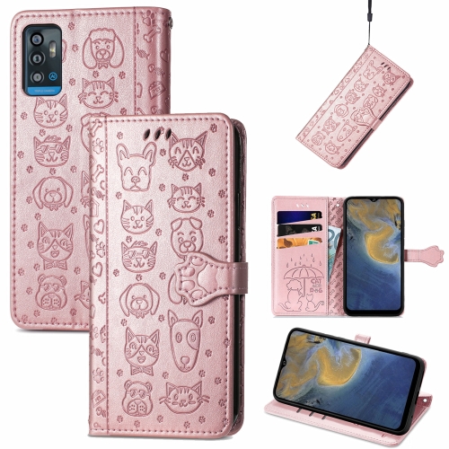

For ZTE A71 Lovely Cat and Dog Embossing Pattern Horizontal Flip Leather Case , with Holder & Card Slots & Wallet & Cartoon Clasp & Lanyard(Rose Gold)