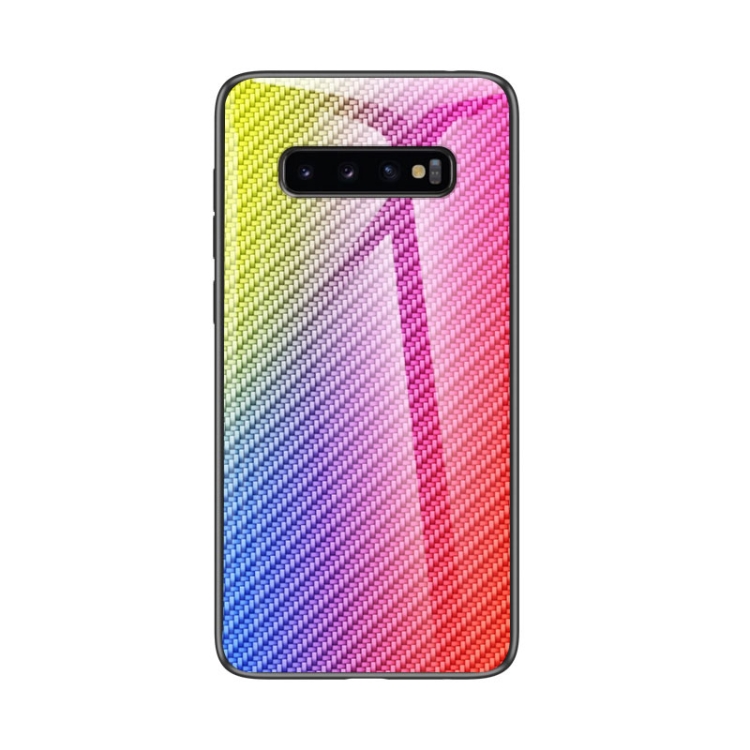 

For Samsung Galaxy S10 Gradient Carbon Fiber Texture TPU Border Tempered Glass Case(Colorful Fiber)