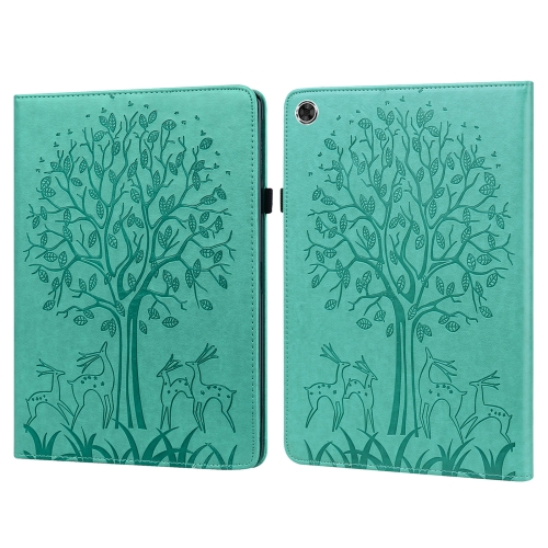 

For Lenovo M10 Plus / M10 FHD REL Tree & Deer Pattern Pressed Printing Horizontal Flip PU Leather Case with Holder & Card Slots(Green)