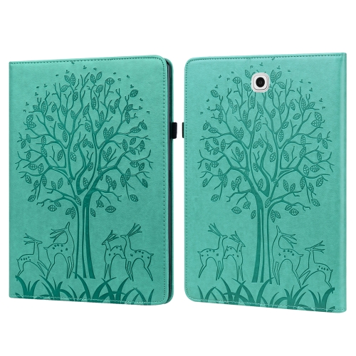 

For Samsung Galaxy Tab S2 9.7 Tree & Deer Pattern Pressed Printing Horizontal Flip PU Leather Case with Holder & Card Slots(Green)