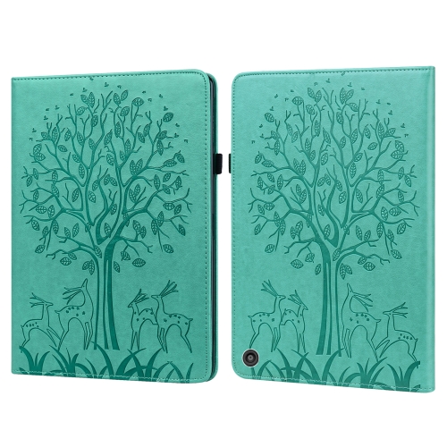 

For Amazon Kindle Fire HD 10 / 10 Plus 2021 Tree & Deer Pattern Pressed Printing Horizontal Flip PU Leather Case with Holder & Card Slots(Green)