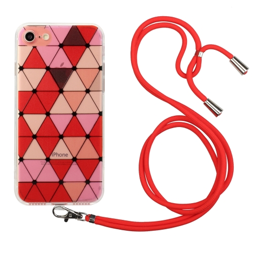 

Hollow Diamond-shaped Squares Pattern TPU Precise Hole Phone Protective Case with Lanyard For iPhone SE 2020 / 8 / 7(Red)