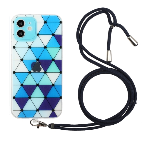 

Hollow Diamond-shaped Squares Pattern TPU Precise Hole Phone Protective Case with Lanyard For iPhone 11(Blue)