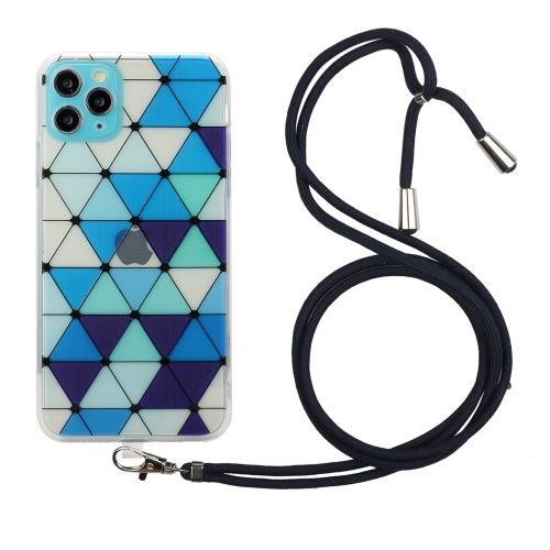 

Hollow Diamond-shaped Squares Pattern TPU Precise Hole Phone Protective Case with Lanyard For iPhone 11 Pro(Blue)