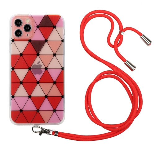 

Hollow Diamond-shaped Squares Pattern TPU Precise Hole Phone Protective Case with Lanyard For iPhone 11 Pro(Red)