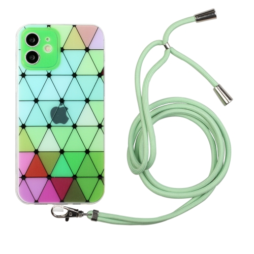 

Hollow Diamond-shaped Squares Pattern TPU Precise Hole Phone Protective Case with Lanyard For iPhone 12 mini(Green)