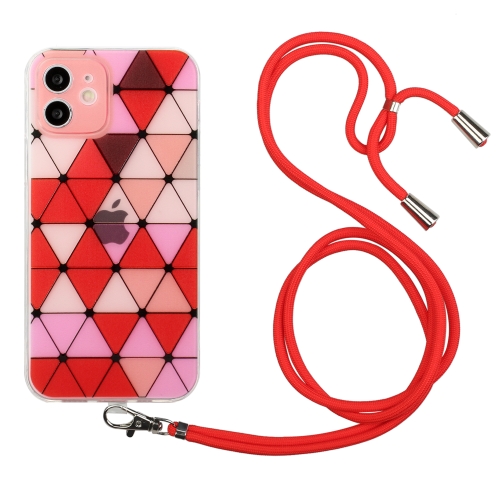 

Hollow Diamond-shaped Squares Pattern TPU Precise Hole Phone Protective Case with Lanyard For iPhone 12(Red)