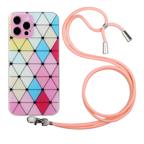 

Hollow Diamond-shaped Squares Pattern TPU Precise Hole Phone Protective Case with Lanyard For iPhone 12 Pro Max(Pink)