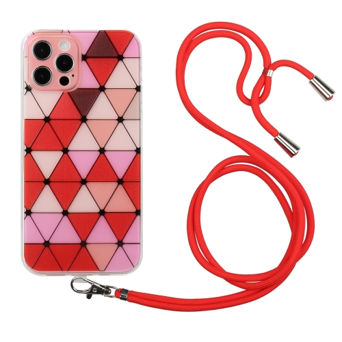 

Hollow Diamond-shaped Squares Pattern TPU Precise Hole Phone Protective Case with Lanyard For iPhone 12 Pro Max(Red)