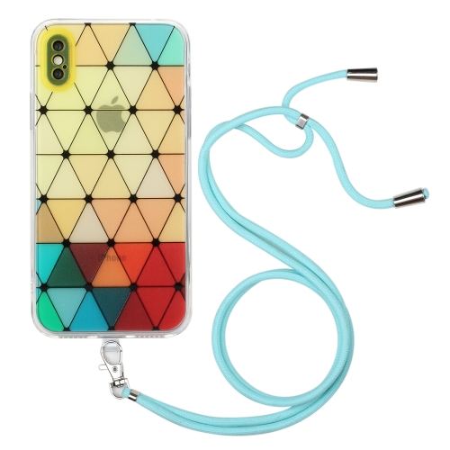 

Hollow Diamond-shaped Squares Pattern TPU Precise Hole Phone Protective Case with Lanyard For iPhone XS / X(Yellow)