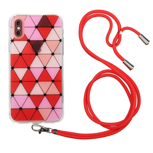 

Hollow Diamond-shaped Squares Pattern TPU Precise Hole Phone Protective Case with Lanyard For iPhone XS / X(Red)