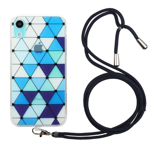 

Hollow Diamond-shaped Squares Pattern TPU Precise Hole Phone Protective Case with Lanyard For iPhone XR(Blue)