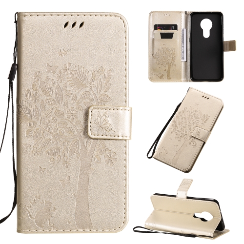 

For Nokia 7.2 Tree & Cat Pattern Pressed Printing Horizontal Flip PU Leather Case with Holder & Card Slots & Wallet & Lanyard(Gold)