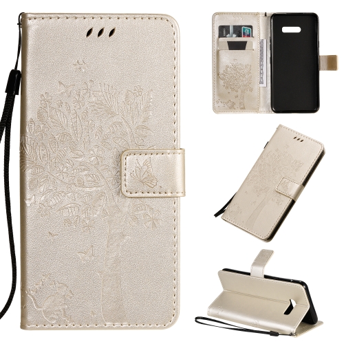 

For LG G8X Tree & Cat Pattern Pressed Printing Horizontal Flip PU Leather Case with Holder & Card Slots & Wallet & Lanyard(Gold)