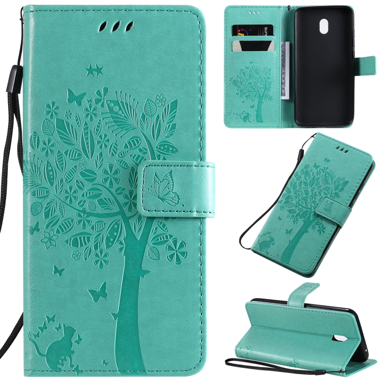 

For Xiaomi Redmi 8A Tree & Cat Pattern Pressed Printing Horizontal Flip PU Leather Case with Holder & Card Slots & Wallet & Lanyard(Green)