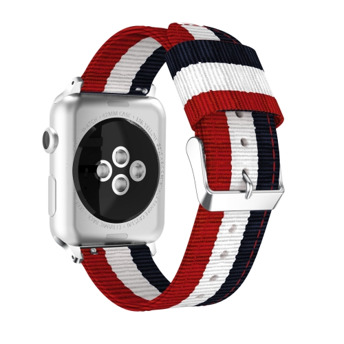 

For Apple Watch Series 6 & SE & 5 & 4 44mm / 3 & 2 & 1 42mm Striped Nylon Watchband(Blue White Red)