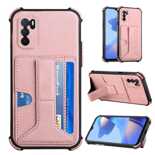 

For OPPO A16 Dream PU + TPU Four-corner Shockproof Back Cover Case with Card Slots & Holder(Rose Gold)