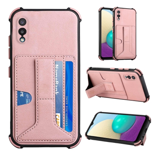 

For Samsung Galaxy A02 EU Version / M02 Dream PU + TPU Four-corner Shockproof Back Cover Case with Card Slots & Holder(Rose Gold)